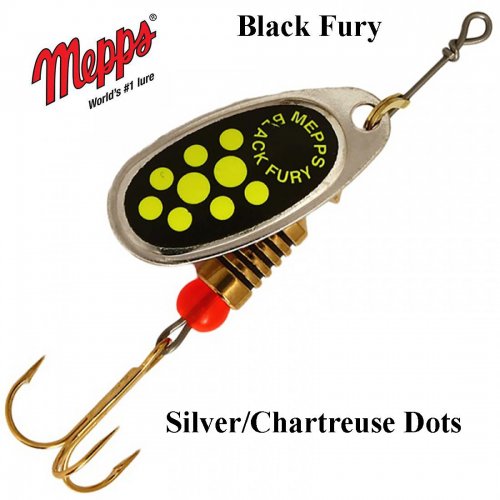 Sukriukė Mepps Black Fury Silver Chartreuse Dots